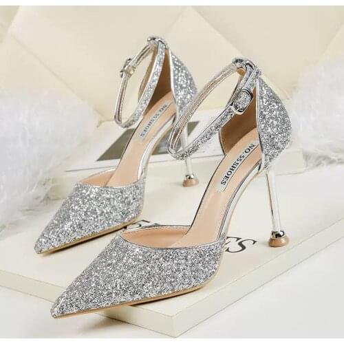 New Women Wedding Shoes Crystal Bridal Sequins Hollow High Heels Pointed Toe Stiletto Shoes Party Wedding Shoes Bride Pumps