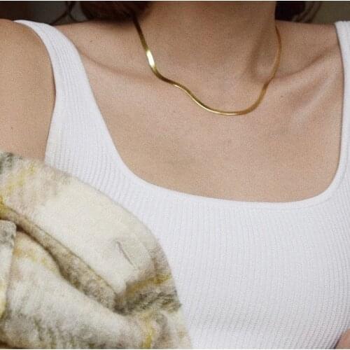 Charm Women Snake Chain Choker Necklace Stainless Steel 18K Gold Silve Color Flat Herringbone Chokers Link for Girls 4mm