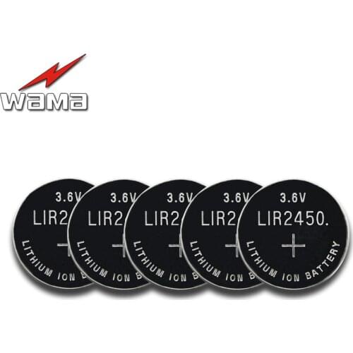 5x Wama New 3.6V LIR2450 Rechargeable Coin Batteries 120mAh 500 Times Lithium Coin Cell Button Battery Replaced CR2450 in Bulk