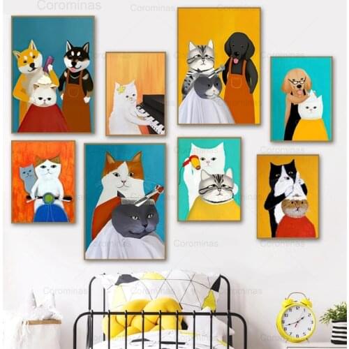 Animals Barbershop Poster Cats Dogs Cute Cartoon Hd Canvas Painting Wall Art Nursery Club Home Decoration Modern Interior Design