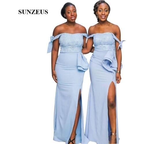 Sheath Off Shoulder Straps Bridesmaid Dress For Wedding Party Long Blue Wedding Guest Gowns With Lace
