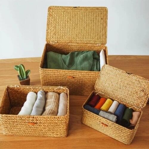 Manual Woven Storage Box Seaweed Storage Baskets with Lid Handmade Sorting Boxes For Clothes Cosmetic Organizer Home Panier