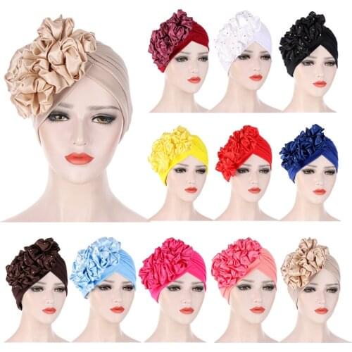 Muslim Women Hijab Ruffle Caps Indian Turban Rhinestone Flower Bonnet Hair Loss Cover Cap Hat Headscarf Beanies Hair Accessories