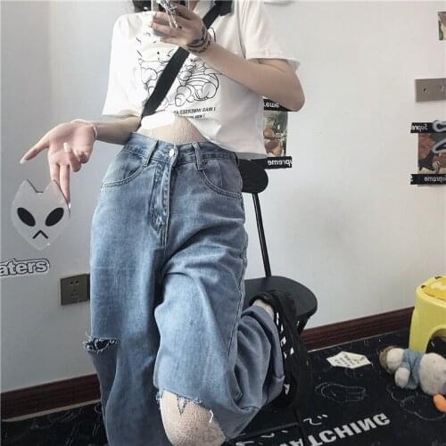Light Blue Denim Trousers Retro Wide-Leg Pants WomenS Ripped Trousers High Waist Casual Jeans Women Streetwear