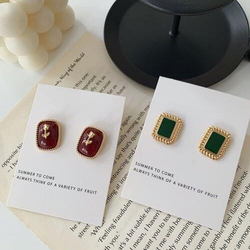 Vintage Enamel Geometric Earrings for Women Girl Gold Color Metal Rose Print Big Square Drop Dangle Earrings Party Jewelry Gift