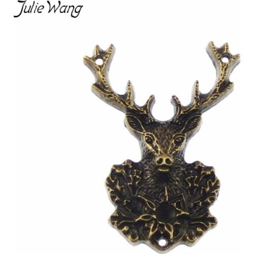 Julie Wang 3PCS Bronze Tone Zinc Alloy Pendant Charms Two Holes Deer Elk Vintage Jewelry Earring Making Accessories 51*38*7mm