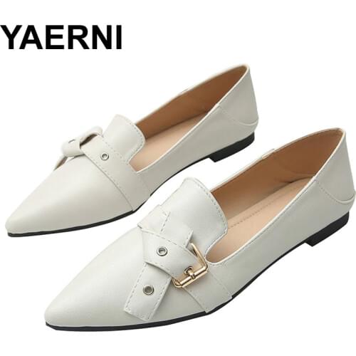 YAERNI Spring New Womens shoes fashion ol belt buckle pointy flat shoes hundred feet women black shoes size 33-43