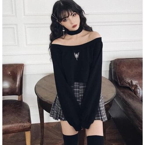 New Punk With Chain Off Shoulder T-Shirts Gothic Sexy Backless Grunge Black Halter Crop Tops Long Sleeve Women Spring Autumn Tee
