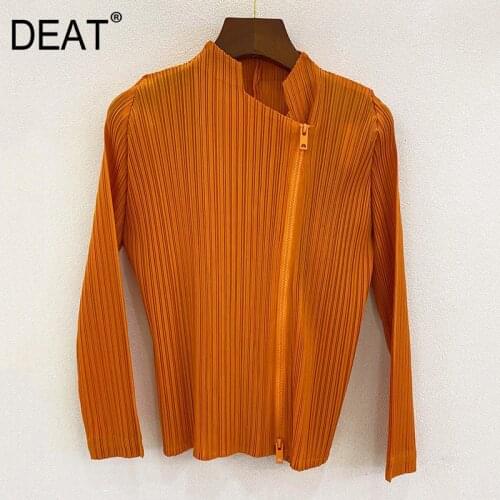 DEAT Pleated Jackets Woman Irregular Stand Collar Long Sleeve Loose Orange Solid Causal Style 2021 New Autumn Fashion 15HT187