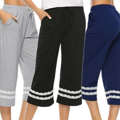 Casual Women Sleepwear Pajama Pants Sleep Cropped Lounge Bottoms Feamle Loose Stripe Lace Sleep Bottoms
