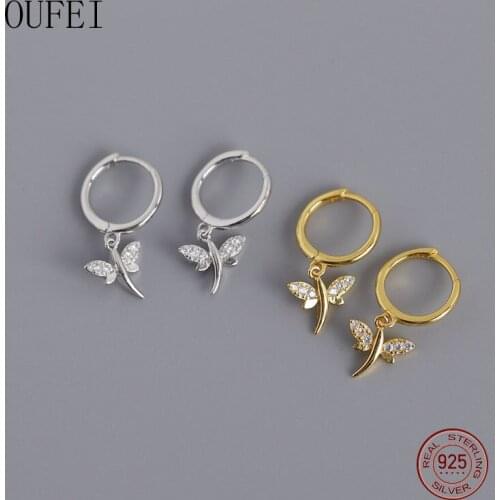 OUFEI 100% 925 Sterling Silver Drop Earrings For Women Natural Style Rhinestone Earrings Cute Dragonfly Fine earring Jewelry