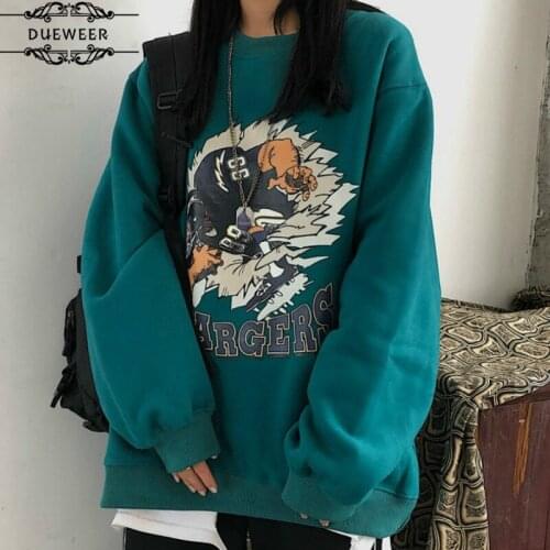 Dueweer Womens Hoodies Printed O-neck Plus Velvet Thicker Loose Retro New Fashion Kpop Ins Casual Daily BF Harajuku Korean Style