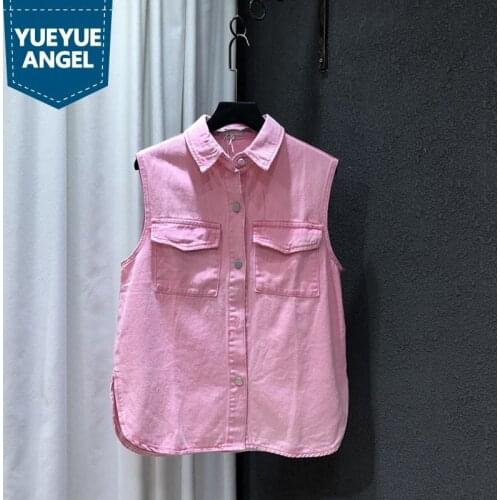 Sweet Pink Denim Vest Women Summer Fashion Chic Slim Sleeveless Jacket Tops Single Breasted Thin Cropped Waistcoat Female