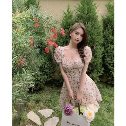 French Style Floral Print Slim Thin Women Dress Summer Square Collar Party Dress Backless Bandage Lace Sexy Sweet Feminine Dress