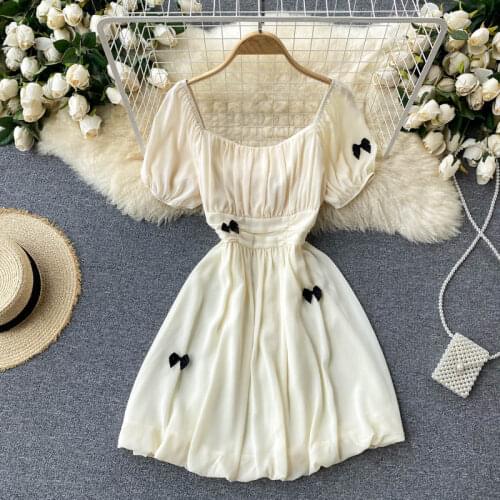 WEIHAOBANG Womens 2021 New Summer Chiffon Ladys Bow Solid Beige High Waist Dress Dress Short Bubble Sleeve Dress French