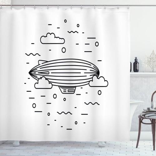 Cartoon Shower Curtain Set Minimal Drawn Zeppelin and Clouds Curtain for Bathroom Decor 12 Hooks Decorative Bath Accessory