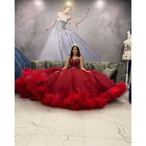 2021 Burgendy Sparkly Sweet 16 Quinceanera Dresses For Girls Diamond Sweetheart Lace-up Ball Gown Dress Vestidos De 15 Años