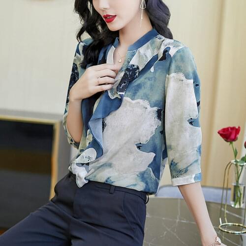 Silk Satin Loose Womens Shirts New Fashion Blouses Printing Ruffle V-neck Shirts Summer Casual Long Sleeve Blusas Houthion