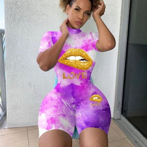Tie-Dye Lip Print Playsuits 2021 Summer Turtleneck Short Sleeve Bodycon Romper Jumpsuit Shorts Club Fitness Biker Sexy Playsuits