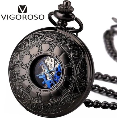 2017 Antique Skeleton Blue Roman Numerals Dial Black Alloy Case Mechanical Hand Wind Long Fob Chain Clock Men Pocket Watch 3013