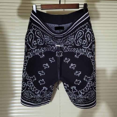 INS Black Cashew Flower Jacquard Knit Shorts Men and Women Casual Medium Pants High Street Fashion