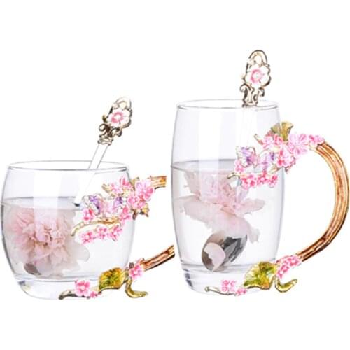 Color Enamel Glass Coffee Mugs Plum Blossom Tea Water Cups With Spoon Creative Drinkware