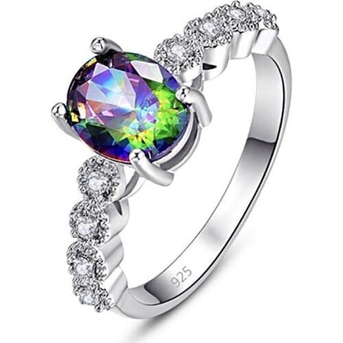 Elegant Ladies Silver Color Oval White Colorful Crystal Rhinestone Zircon Female Ring for Women Wedding Jewelry Accessories