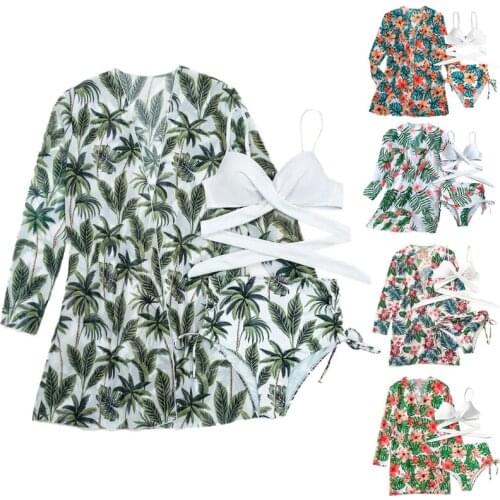 Womens Sexy 3pcs Bikini Set Cross Push Up Swimsuit with Beach Cover Up Cardigan Side Tie High Waist Leaves Bathing Suit Burkini