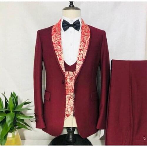 Latest Design Foral Printed Shawl Lapel Men Suits Costume Homme Groom Tuxedos 3 Pcs Prom Terno Masculino Blazer Wedding Slim Fit