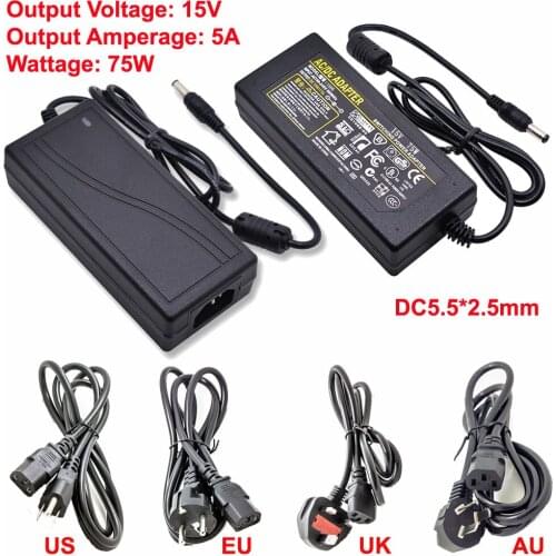 Desktop Power Adapter Supply Transformer AC 110V~240V To DC 15V 5A 75W 5.5x2.5mm Connector Include EU/US/UK/AU Plug Cable