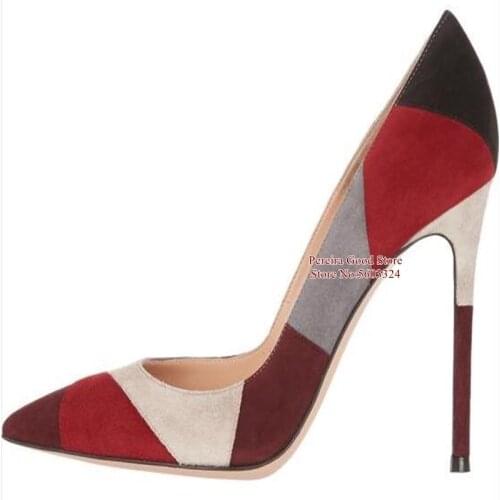 Newest Suede Mixed Color Patchwork Dress Shoes Pointed Toe Stiletto Heels Shallow Party Shoes Slip on Cut-out Banquet Shoes