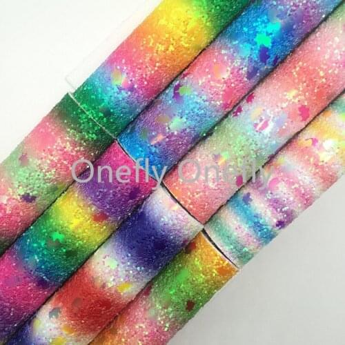 Onefly Wholesales Dropshipping Leather Supplier Unicorn Rainbow Glitter Faux Vinyl Leather Fabric Felt Backing Bow DIY FZ045A