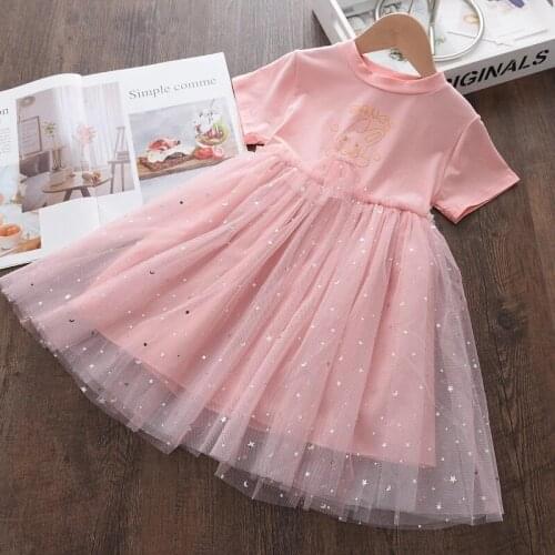 Baby Girls Princess Pink Dresses 2021 New Kids Mesh Patchwork Clothes Children Cartoon Bunny Clothing Summer Costumes 3-7 Years