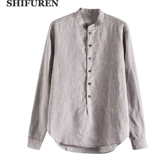 SHIFUREN Breathable Mens Linen Shirts Long Sleeve Retro Chinese Style Mandarin Collar 100% Pure Linen Causal Male Dress Shirts
