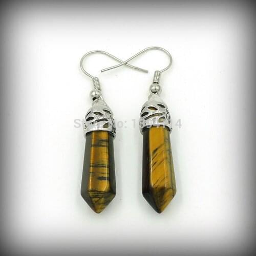 Tiger Eye Stone Point Earrings Hexagon Pillar Glued Vine Casing Of Plating Platina Approx 30*8 mm