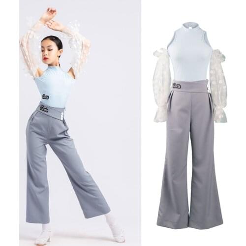 Mesh Latin Ballroom Dance Tops Girls Gray Tango Dance Pants Performance Costume Latin Practice Wear Modern Dance Outfit DL8151