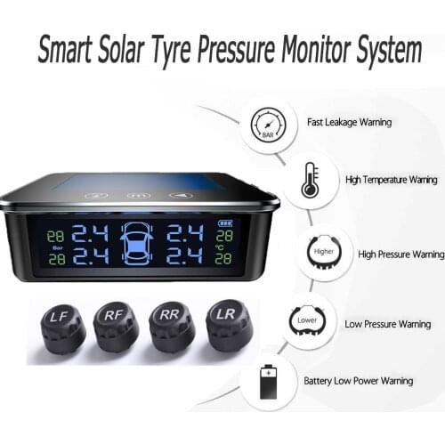 Solar Tpms Car Tire Pressure Alarm Monitor System Real-Time Display Attached To Windshield or Dashboard Wireless with 4 Sensors