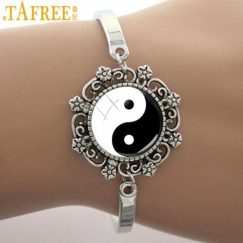 TAFREE Yin Yang black white Tai Glass Dome Bracelet Lace Charm New Fashion Bangle High Quality jewelry D687