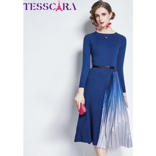 TESSCARA Women Autumn & Winter Elegant Sweater Dress Festa High Quality Long Office Party Robe Femme Vintage Designer Vestidos