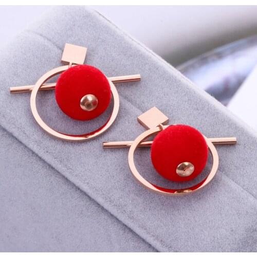 Titanium Steel rose gold color Red ball Women Simple Stud Earrings /Elengance Earrings with big hoop/circle ,new year gift