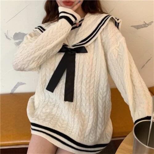 Vintage Sweaters For Women 2021 Winter Clothes Preppy Style Knitted Pullovers Oversized Outwear Bow Sweet Harajuku Knitting Top
