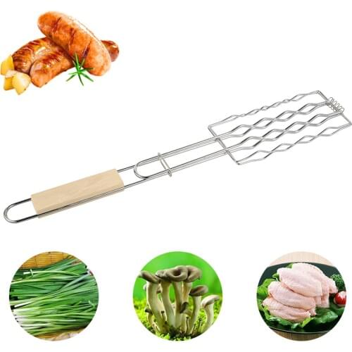 Barbecue Clip Meat Bread Barbecue Net Wooden Handle Sausage Grill Net Camping Supplies Outdoor Barbecue Accessories