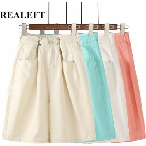 REALEFT 2021 New Summer Candy Color High Waist Womens Denim Shorts Trousers Chic Casual Loose Wide Leg Jeans Shorts Female
