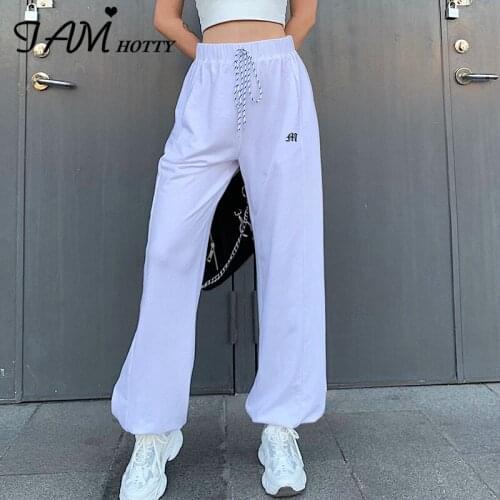 IAMHOTTY Zipper Fly Letter Print Womens pants High Waist Wide Leg Streetwear Joggers Sweatpants Cargo Casual Leggings Capris