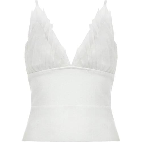 2021 New White Lace Women Crop Tops V Neck Mesh Summer Clothing Bustier Ladies Elegant Sexy Camisole Bodycon Sleeveless Caims