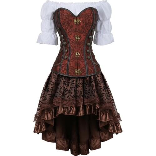 Women Luxury Bustier Corset Palace Banquet Halloween Costumes Renaissance Medieval Clothing 3 Piece Set Black Brown 2837-3