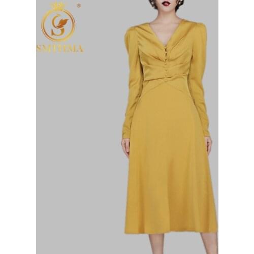 SMTHMA New Autumn High Quality Newest Fashion Runway Party Dress Womens Sexy V Neck Celebrity high-end retro Long Dresses