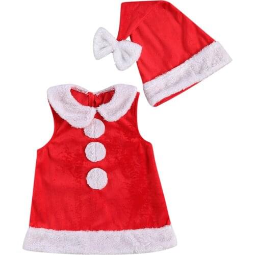 2020 0-3Y Cute Infant Baby Girl Boy Christmas Clothing Velvet Patchwork Sleeveless Button Peter Pan Collar Top+Santas Hat 2pcs