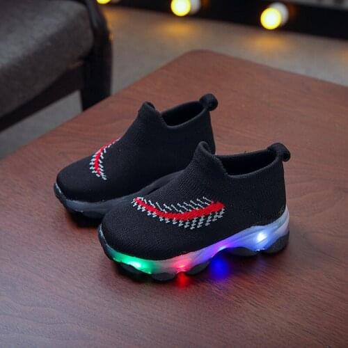 2021 Winter Girls Shoes Sports LED Weave Baby Tenis Casual Breathable Kids Sneakers Socks Shoes Toddler Boy Shoes Pink Black