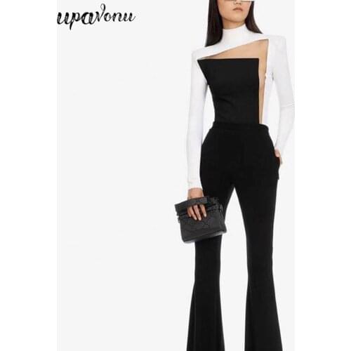 Free Shipping Fashion Ladies Bandage Set Sexy Stand Collar Long Sleeve Hollow Color Block Mesh Top & Flared Pants Two-piece Set